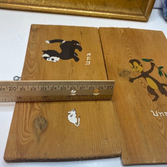 2 Vintage Cat And Mouse, Monkey Painting on Wood Hand Painted Signed - Picture 7 of 7
